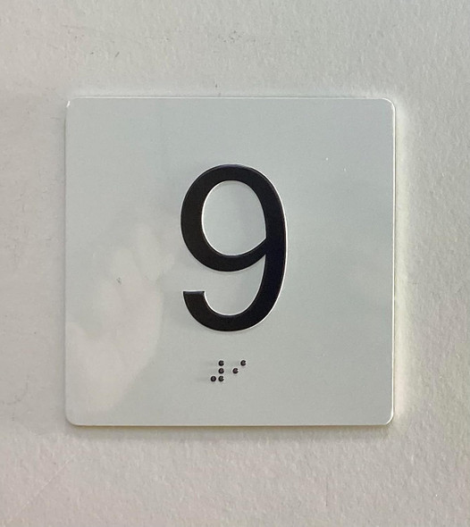 Sign Elevator floor 9 /jamb plate floor 9  letters/Image & Grade 2 Braille - Includes Red Adhesive pad for Easy Installation (white, Tacticle ) - The Sensation line