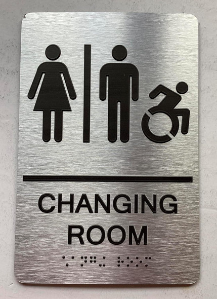 Sign CHANGING ROOM  with Raised letters/Image & Grade 2 Braille - Includes Red Adhesive pad for Easy Installation ( Brushed Aluminum/silver, Tacticle ) - The park Ave Line (CHANGING ROOM ACCESSIBLE)
