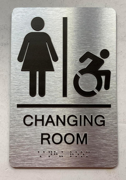 Sign CHANGING ROOM  with Raised letters/Image & Grade 2 Braille - Includes Red Adhesive pad for Easy Installation ( Brushed Aluminum/silver, Tacticle ) - The park Ave Line (WOMEN CHANGE ROOM ACCESSABLE)
