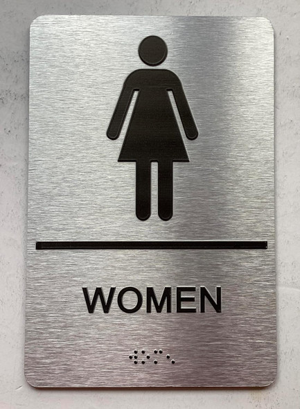 Sign Men/Women Restroom  with Raised letters/Image & Grade 2 Braille - Includes Red Adhesive pad for Easy Installation ( Brushed Aluminum/silver, Tacticle ) - The park Ave Line (WOMEN)