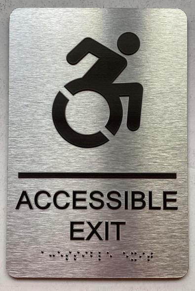 Sign ACCESSIBLE EXIT  with Raised letters/Image & Grade 2 Braille - Includes Red Adhesive pad for Easy Installation ( Brushed Aluminum/silver, Tacticle ) - The park Ave Line