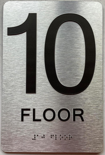 Sign 10th floor  with Raised letters/Image & Grade 2 Braille - Includes Red Adhesive pad for Easy Installation ( Brushed Aluminum/silver, Tacticle ) - The park Ave Line