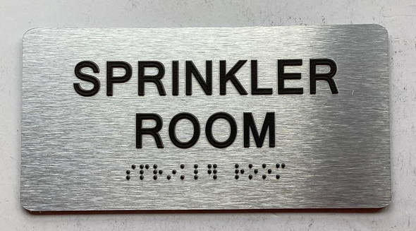 Sign SPRINKLER ROOM  with Raised letters/Image & Grade 2 Braille - Includes Red Adhesive pad for Easy Installation (Brushed Aluminum/silver, Tacticle ) - The park Ave Line