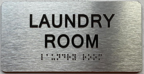 Sign LAUNDRY ROOM  with Raised letters/Image & Grade 2 Braille - Includes Red Adhesive pad for Easy Installation (Brushed Aluminum/silver, Tacticle ) - The park Ave Line