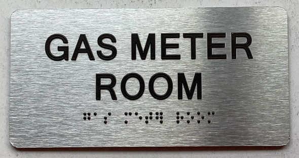 Sign GAS METER ROOM  with Raised letters/Image & Grade 2 Braille - Includes Red Adhesive pad for Easy Installation (Brushed Aluminum/silver, Tacticle ) - The park Ave Line