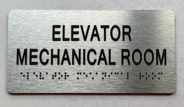 Sign ELEVATOR MECHANICAL  with Raised letters/Image & Grade 2 Braille - Includes Red Adhesive pad for Easy Installation (Brushed Aluminum/silver, Tacticle ) - The park Ave Line