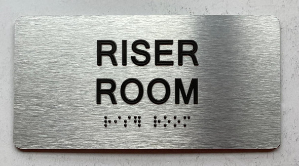 Sign RISER ROOM  with Raised letters/Image & Grade 2 Braille - Includes Red Adhesive pad for Easy Installation (Brushed Aluminum/silver, Tacticle ) - The park Ave Line