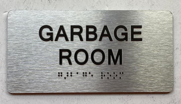 Sign GARBAGE ROOM  with Raised letters/Image & Grade 2 Braille - Includes Red Adhesive pad for Easy Installation (Brushed Aluminum/silver, Tacticle ) - The park Ave Line