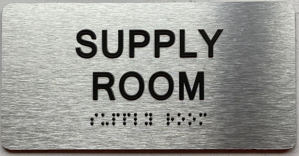Sign SUPPLY ROOM  with Raised letters/Image & Grade 2 Braille - Includes Red Adhesive pad for Easy Installation (Brushed Aluminum/silver, Tacticle ) - The park Ave Line
