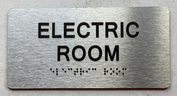 Sign ELECTRIC ROOM  with Raised letters/Image & Grade 2 Braille - Includes Red Adhesive pad for Easy Installation (Brushed Aluminum/silver, Tacticle ) - The park Ave Line