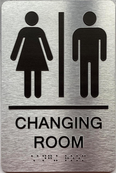 Sign CHANGING ROOM  / Unisex changing room  with Raised letters/Image & Grade 2 Braille - Includes Red Adhesive pad for Easy Installation ( Brushed Aluminum/silver, Tacticle ) - The park Ave Line