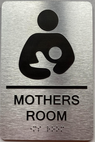Sign MOTHERS ROOM  with Raised letters/Image & Grade 2 Braille - Includes Red Adhesive pad for Easy Installation ( Brushed Aluminum/silver, Tacticle ) - The park Ave Line