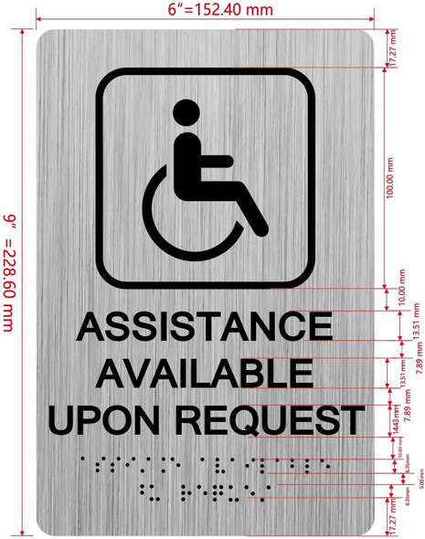 Sign ASSISTANCE AVAILABLE UPON REQUEST  with Raised letters/Image & Grade 2 Braille - Includes Red Adhesive pad for Easy Installation ( Brushed Aluminum/silver, Tacticle ) - The park Ave Line