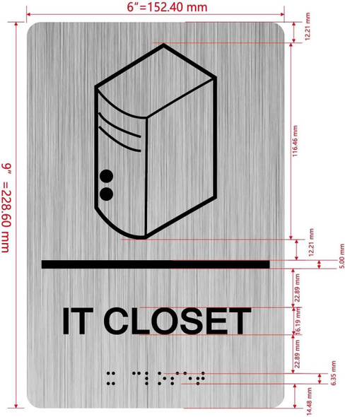 Sign IT CLOSET  with Raised letters/Image & Grade 2 Braille - Includes Red Adhesive pad for Easy Installation ( Brushed Aluminum/silver, Tacticle ) - The park Ave Line