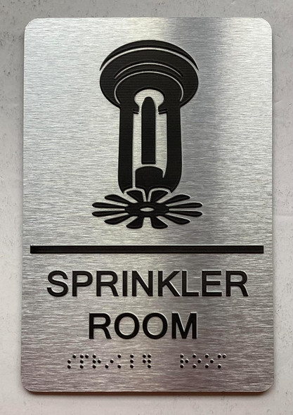 Sign SPRINKLER ROOM  with Raised letters/Image & Grade 2 Braille - Includes Red Adhesive pad for Easy Installation ( Brushed Aluminum/silver, Tacticle ) - The park Ave Line