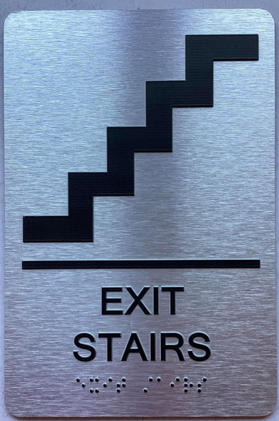 Sign Floor number  with Raised letters/Image & Grade 2 Braille - Includes Red Adhesive pad for Easy Installation ( Brushed Aluminum/silver) - The park Ave Line (EXIT STAIRS)