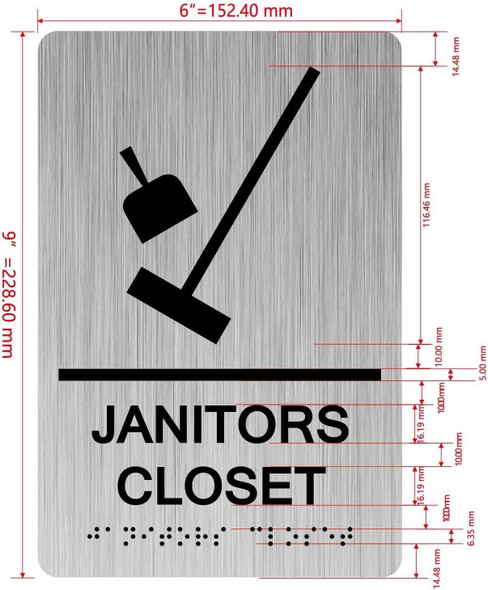 Sign JANITOR'S CLOSET  with Raised letters/Image & Grade 2 Braille - Includes Red Adhesive pad for Easy Installation ( Brushed Aluminum/silver, Tacticle ) - The park Ave Line