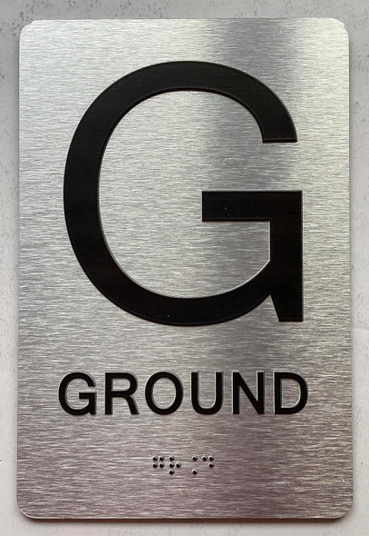 Sign Floor number  with Raised letters/Image & Grade 2 Braille - Includes Red Adhesive pad for Easy Installation ( Brushed Aluminum/silver) - The park Ave Line (Ground)