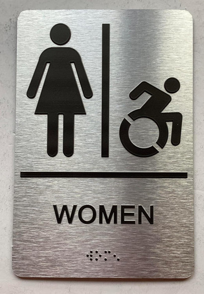 Sign Restroom / Unisex ADA Compliant  with Raised letters/Image & Grade 2 Braille - Includes Red Adhesive pad for Easy Installation ( Brushed Aluminum/silver) - The park Ave Line (Women Accessible)