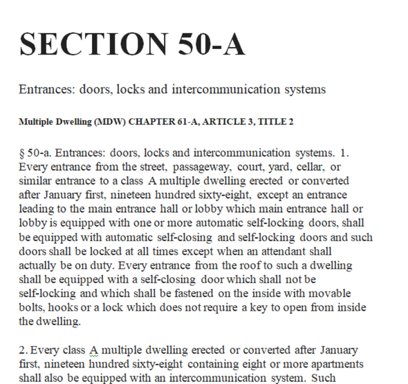 § 50-a. Entrances: doors, locks and intercommunication systems