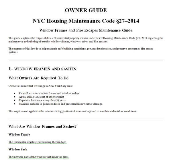 NYC Housing Code §27–2014 Guide | Window Frame & Fire Escape Maintenance Requirements ( pdf file)