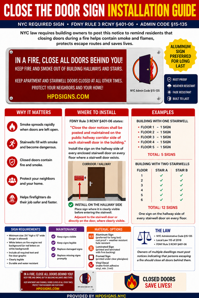 in a fire CLOSE THE DOOR SIGN NYC ADMINISTRATIVE CODE §15-135