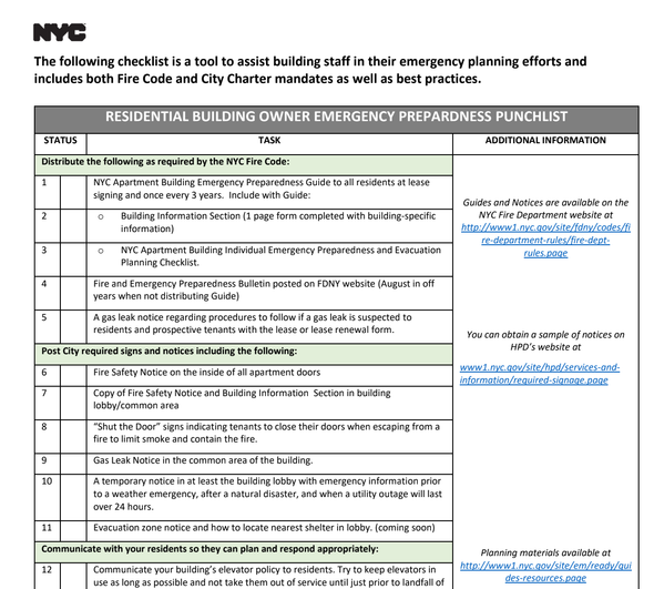 NYC Residential Building Emergency Preparedness Checklist (pdf)