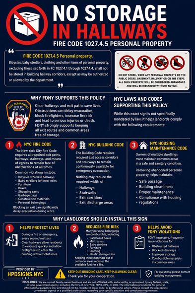 NO STORAGE IN HALLWAYS NYC FIRE CODE §1027.4.5 – PERSONAL PROPERTY (pdf)