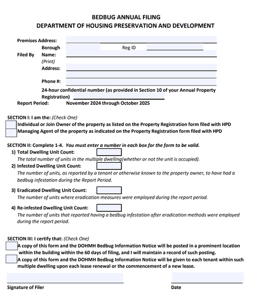 HPD Bed Bug Annual Filing PDF – Step-by-Step Instructions for NYC Property Owners by mail (pdf file ,2026)