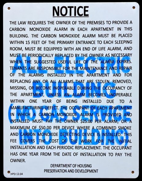 ALL ELECTRIC BUILDING: Carbon monoxide detector notice-NO GAS SERVICE TO BUILDING(WHITE, 8.5X11 INCH,27-2046.1)-El blanco Line