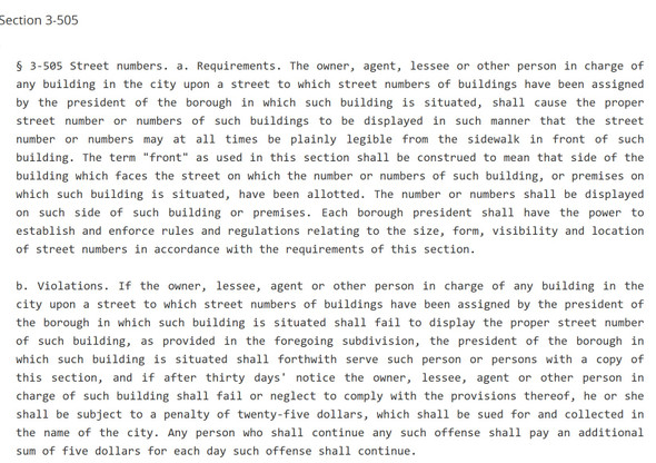 NYC Street Number Requirements – HPD § 27-2049 Building Address Law (pdf file, 2026)