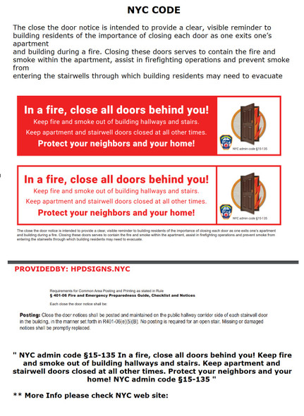 In a Fire, Close All Doors Behind You SIGN (STICKER,PVC, 4X12,NYC Admin code 15-135, LOCAL LAW 115)-El blanco Line