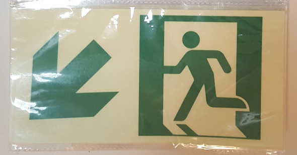 RUNNING MAN DOWN LEFT ARROW EXIT Sign -Glow-In-The-Dark High Intensity-Adhesive Sign (Photoluminescent ,High Intensity