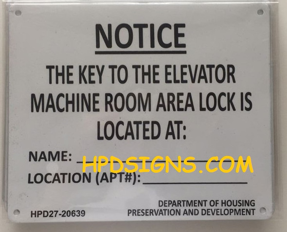 KEY TO ELEVATOR MACHINE ROOM sign (WHITE,Aluminium)