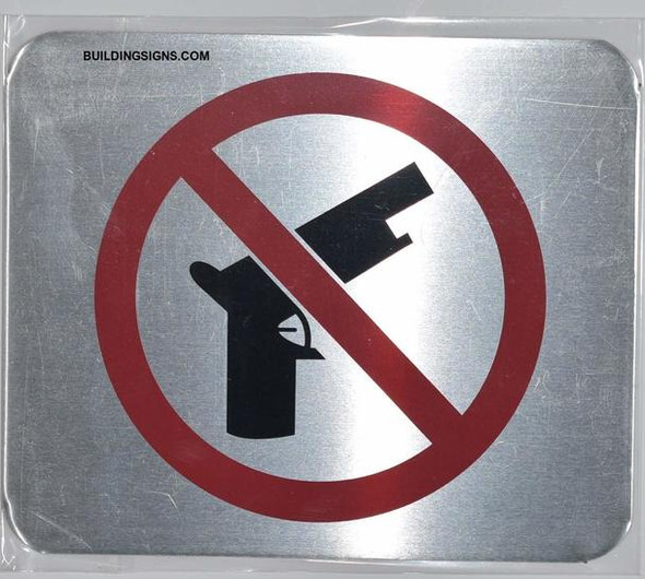 NO Guns Symbol Sign - The Gallery LINE (Brush Silver,Double Sided Tape, Aluminium 5X6-Rust Free)
