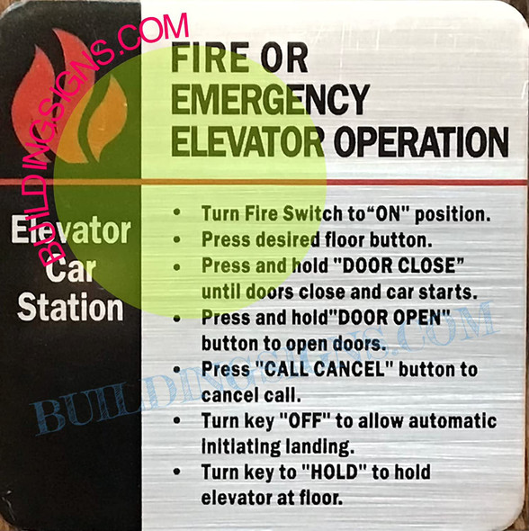 Fire or Emergency Elevator Operation Signage