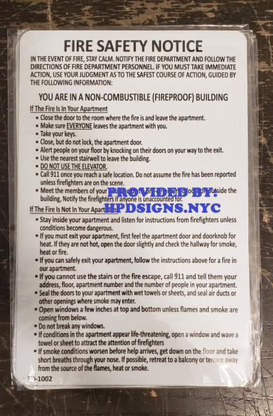 DOOR Fire Safety Notice -FIRE PROOF BUILDING (white ,8.5X5.5, § 408-02, Aluminum)-EL BLANCO LINE