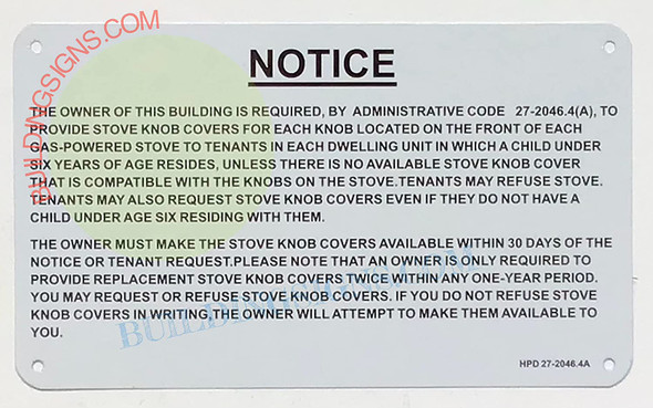 HPD NYC STOVE KNOB NOTICE Signage