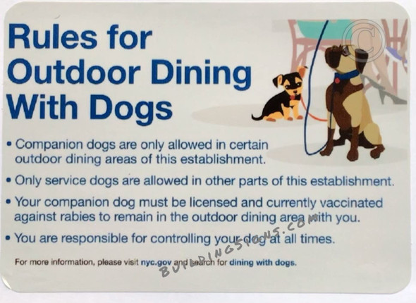 NYC RESTURANT REQUIRED Signage-RULES FOR OUTDOOR DINING WITH DOGS STICKER