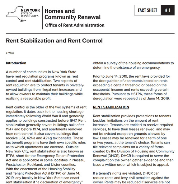Fact Sheet #1: Rent Stabilization and Rent Control