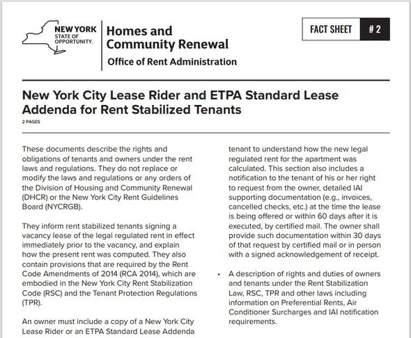 Fact Sheet #2: New York City Lease Rider and ETPA Standard Lease Addenda fo