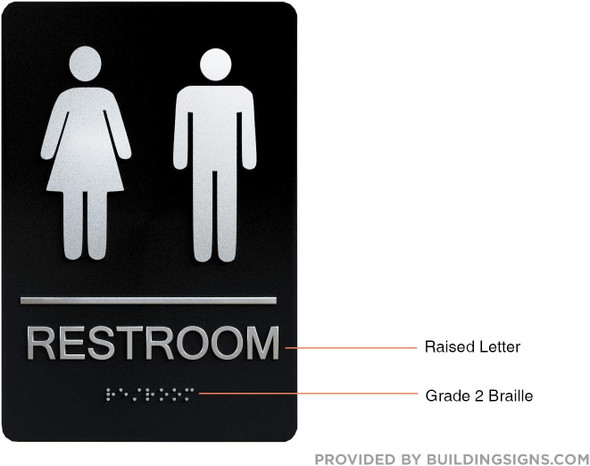 RESTROOM  Tactile Graphics Grade 2 Braille Text with raised letters Sign