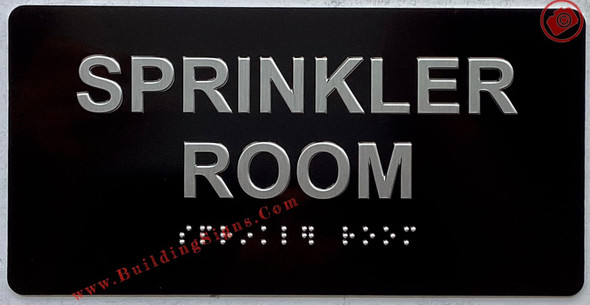 Sign SPRINKLER ROOM  Raised letters & Grade 2 Braille - Includes Red Adhesive pad for Easy Installation ( black Color, Tacticle , Aluminium) - The Sensation line