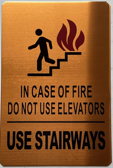 Sign IN CASE OF FIRE DO NOT USE ELEVATORS  (Gold color, aluminium, Size)- The Gold Mountain Line