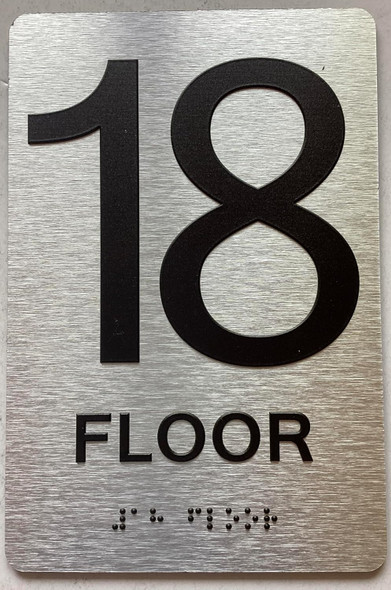 Sign 18th floor  with Raised letters/Image & Grade 2 Braille - Includes Red Adhesive pad for Easy Installation ( Brushed Aluminum/silver, Tacticle ) - The park Ave Line