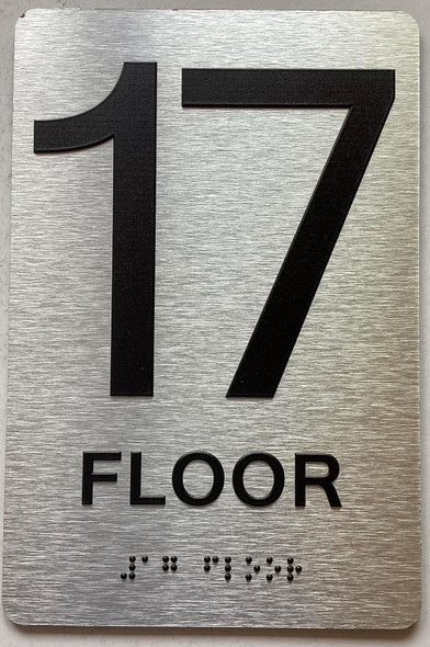 Sign 17 th floor  with Raised letters/Image & Grade 2 Braille - Includes Red Adhesive pad for Easy Installation ( Brushed Aluminum/silver, Tacticle ) - The park Ave Line