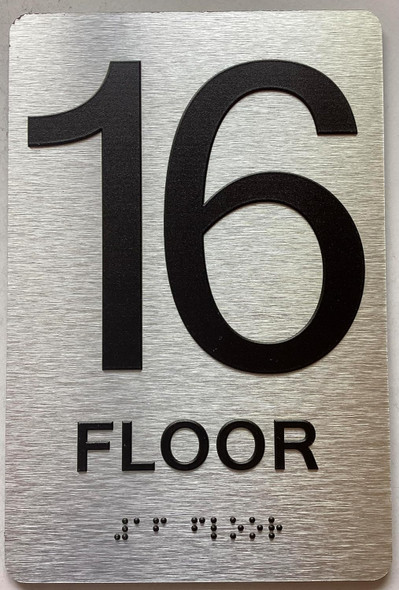 Sign 16th floor  with Raised letters/Image & Grade 2 Braille - Includes Red Adhesive pad for Easy Installation ( Brushed Aluminum/silver, Tacticle ) - The park Ave Line