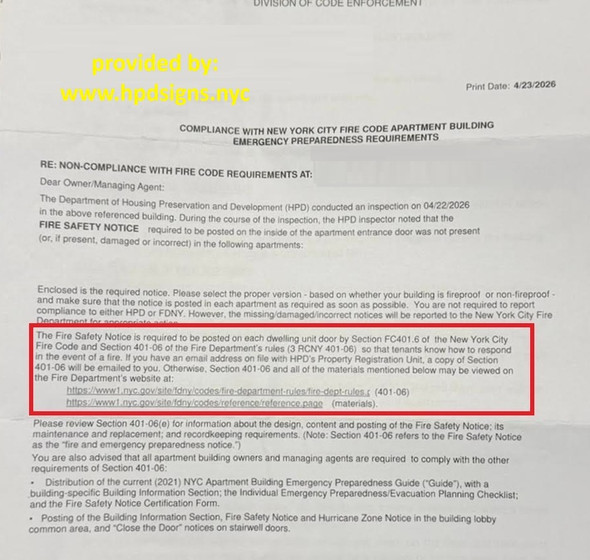 fire safety notice violation hpd