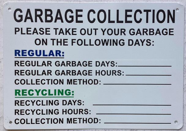NYC RECYCLING GARBAGE COLLECTION SIGN