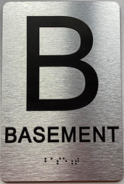 Floor number sign with Raised letters/Image & Grade 2 Braille - Includes Red Adhesive pad for Easy Installation (6" W x 9" H,Brushed Aluminum/silver) - The park Ave Line (Basement) REF24818